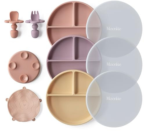 Moonkie Platos Bebe Silicona, 3 Piezas Plato Antivuelco Bebe, con Tenedor y Cuchara, Plato Ventosa Bebe, Apto para Lavavajillas,Refrigeradores y Microondas(Rosa claro/Malva/Miel)