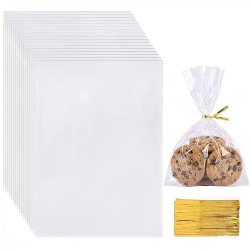 HAKACC 200Pcs Sweet Bags 5x7'' Clear Cellophane, Party Favours & Treat Bags | Clear Cellophane Bags with Gold Ties – Ideal for Sweets, Cookies & Party Favours, Great for Birthdays, Weddings & Holidays