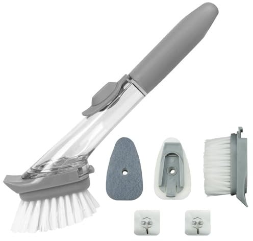 Anevios Cepillo de Lavado con Dosificador de Detergente, Cepillo para Platos con 4 Cabezales de Cepillo de Repuesto, Cepillo de Cocina Multifuncional para Utensilios de Cocina, Fregaderos