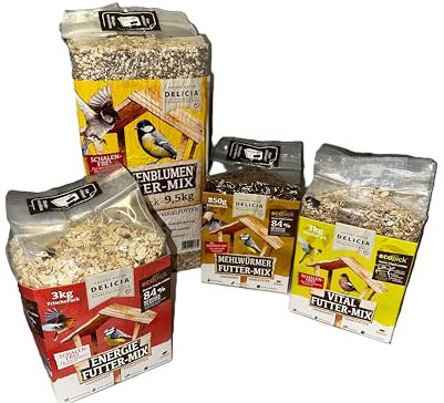 Delicia Futter-Mix Probierset Vogelfutter - 3kg Energie + 3kg Vital + 850g Mehlwürmer + 6kg Sonnenblumen (Sonnenblumen Futter-Mix 9,5kg)
