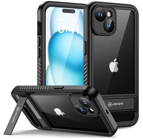 Lanhiem for iPhone 15 Case with Stand, IP68 Waterproof Dustproof Shockproof Kickstand 15 Case with Screen Protector, Full Body Sealed Protective Front and Back Cover for iPhone 15, 6.1 inch (Black)