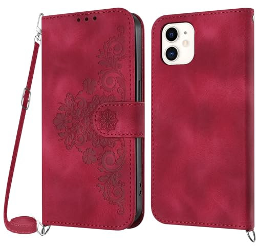 Netany Coque pour iPhone 11 avec Cordon, Etui pour iPhone 11 (6,1 Pouces) avec Cordon Collier, Cuir Flip Portefeuille, Housse Case Etui avec [Bandoulière Réglable] Lanyard Case Cover (Rouge)
