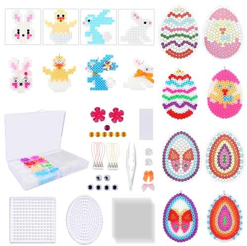 Forhome Bügelperlen Ostern Set, Bügelperlen Platten Set, Bastelperlen Set Kindern mit Stiftplatte, Bügelpapier, Pinzette, 5 MM Bügelperlen Groß für Dekoration DIY und Geschenk Geburtstag Kinder, bunt