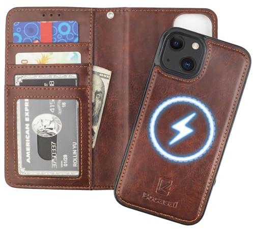 Bocasal for iPhone 13 Wallet Case Compatible with MagSafe Wireless Charging, RFID Blocking Magnetic Leather Case with Card Slots Holder Kickstand Detachable Wrist Strap 6.1 Inch (Brown)