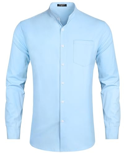 HISDERN Grandad Collar Dress Shirt for Men Casual Wedding Long Sleeve Light Blue Mens Shirt Button Down with Pockets L