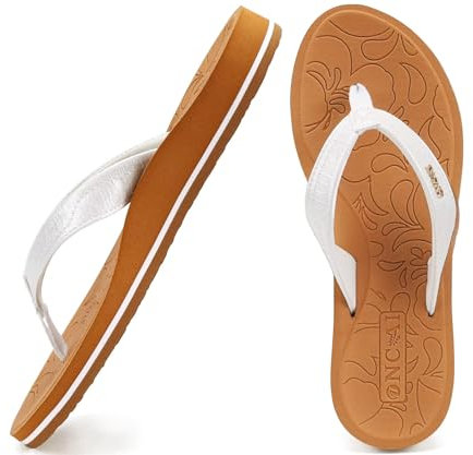 ONCAI Damen Zehentrenner Sommer Sport Flip Flops Schwimmbad Strand Plattform Sandalen Badelatschen Gummifußbett Weiß & Khaki Größe 41