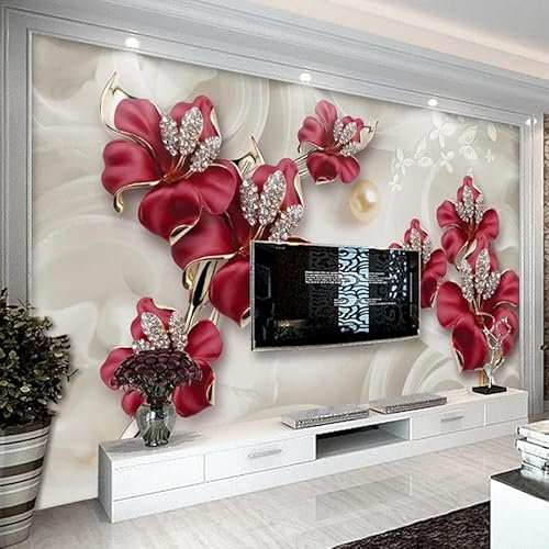 YIBUHANG Wandbild 3d Wohnzimmer Tapete rot silber Schmuck Blume TV Hintergrund Wandaufkleber Schlafzimmer Wandkunst Aufkleber