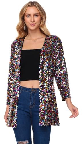 Women's Sequin Jacket Long Sleeve Open Front Blazer Sparkly Party Cardigan Medium Multicolor