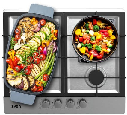 Svan Encimera de Gas Inox SGW4600X. Potencia máx. 8,5 kW, 4 Quemadores, Quemador WOK triple llama, sistema Ignición Automática, Parrillas Forjadas, Kit Conversión Gas Natural