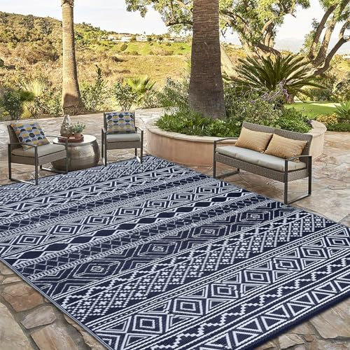 COZYLOOM Outdoor-Teppich, wasserdicht, 2,4 x 3 m, wendbar, Terrassenteppich, Boho-Druck, Campingteppich, Kunststoff, Strohteppich, geometrische Wohnmobil-Matte für Terrasse, Camping, Picknick,