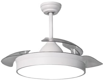Lampara Ventilador de techo metal grande pequeño blanco con luz motor DC silencioso aspas retractiles transparentes plegables