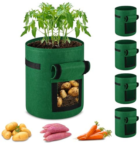 ECCOGREAT 5 X 20L Pflanzsack aus Vlies Stof,260g/m²Tomaten Kübel Pflanzkübel mit Fenster und Starken Griffen für Kartoffeln,Tomaten,Erdbeeren,Blumen,Pflanzen und Gemüse auf dem Balkon oder im Garten