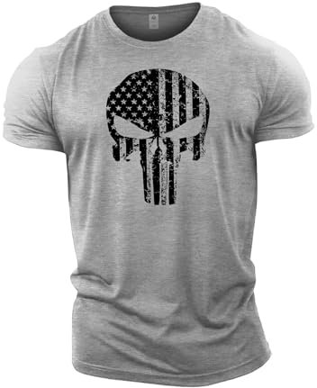 GYMTIER Herren Bodybuilding-T-Shirt – Totenkopf USA-Flagge – Gym Training Top, Grau - Sport Grey, L