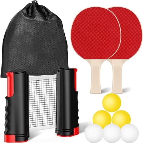 FOOING Tischtennisschläger Set, 2 Tischtennisschläger Profi 6 Tischtennisbälle Versenkbar Tischtennisnetz, Tischtennis Set mit Aufbewahrungstasche,Schwarz