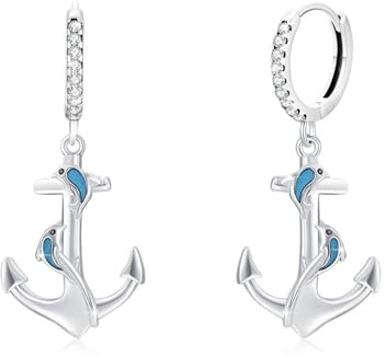 MEDWISE Anker Ohrringe 925 Sterling Silber Delfin Tropfen Creolen Mädchen Ohrringe Anker Anhänger Schmuck für Damen Frauen Mädchen Kinder Freundin Geburtstags Geschenke