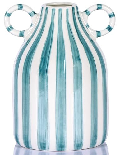 Grüne und weiße Keramikvase mit Griff, nordische Boho-Vasen, kleine Vasen, Beistelltisch, Blumendekoration, breite Öffnung, einzelne Blumenvase, Pampasgras, dekorativ – für Zuhause, Fensterbank,