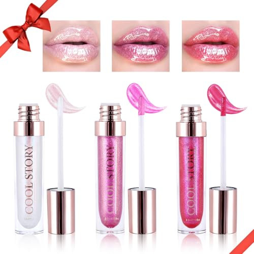 Likesing 3 Pezzi Rossetto Glitter Set Lucidalabbra Bianco Labbra Opaco Rosso Lipgloss Lipstick Liquido Rosa Volumizzante per Trucco Regalo Donna Ragazza