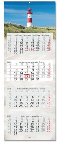 Timr 4-Monatskalender 2025 Leuchtturm I Wandkalender 4 Monate I 33 x 90 cm I mehrsprachig D/GB/F/ES Jahresplaner mit Schieber I Mehrblatt-Kalender Urlaub Nordsee Meer Dünen I tr245