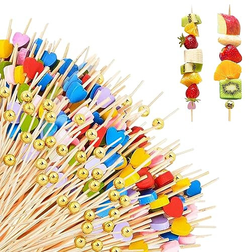 200 Pz Palillos de Madera para Cócteles, 12CM Palillos de Dientes para Aperitivos, Palillos Decorativos para Cócteles de Bambú, Púas de Comida con Corazón & Perla Dorada, Brochetas para Frutas Canapé