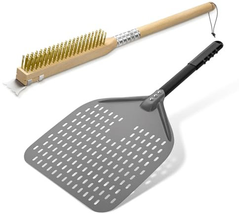G.A. HOMEFAVOR Perforated Pizza Peel & Oven Brush Set, 12-Inch Hard Anodized Aluminum Peel with Scraper, Pizza Stone Cleaning Brush