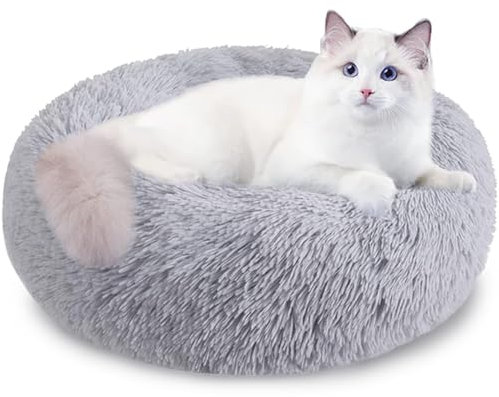 Melldrry Hundebett flauschig, Katzenbett, Donut Kissen, waschbar, Polsterung in der Mitte herausnehmbar, Langer Plüsch, 50 cm Durchmesser, Grau