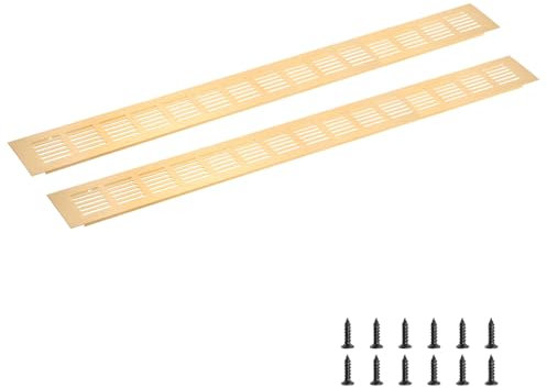 sourcing map Rejilla de ventilación rectangular, malla de aleación de aluminio, cubierta de ventilación con tornillos de montaje para armario, armario de zapatos (600 x 60 mm, tono dorado)