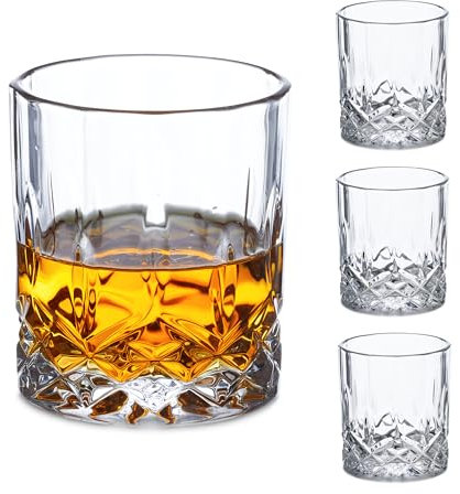 Relaxdays Set 4 Bicchieri da Whisky, Liquore, Rum, Tumbler Bar, Design Decorativo, Calici Vetro da 300 ml, Trasparente, HxD: 9 x 8,5 cm