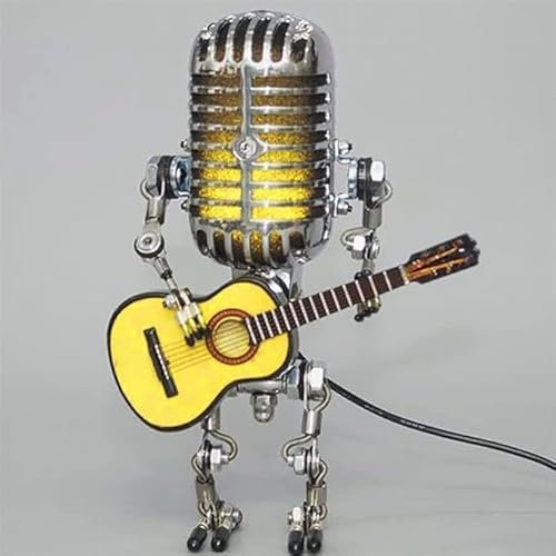 Xmpmrb Vintage Microphone Guitar Robot Lamp, Music Gifts for Men, for Music Lovers, Vintage Light Home Decor Nightstand Desk Lamp for Bedroom, Music Studio (Yellow)