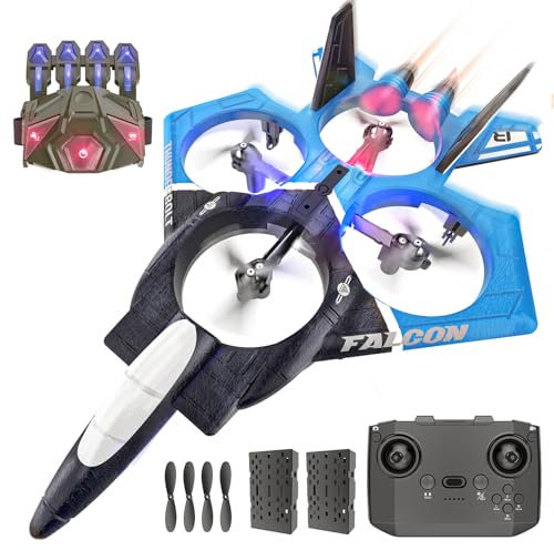 BEZGAR RC Airplane - 2.4GHZ RC Plane, 6-axis Gyro Remote Control Airplane for Adult Kids, Gesture Control RC Helicopter, 360° Flip Fighter Jet Toy with Colorful LED Navigation Lights Blue