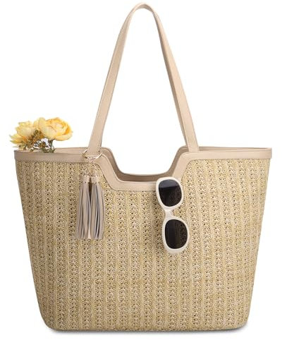 VASCHY Straw Beach Tote Bag for Women, Cute Trendy Woven Crochet Raffia Summer Shoulder Handbags Purses for Travel Vacation Beige