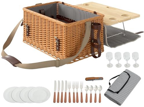 Outsunny Cestino da Picnic in Vimini per 4 Persone con Tavolino, Cesto Picnic con 4 Piatti, 12 Posate, 4 Bicchieri e Cavatappi, 51x33x25 cm, Marrone Chiaro