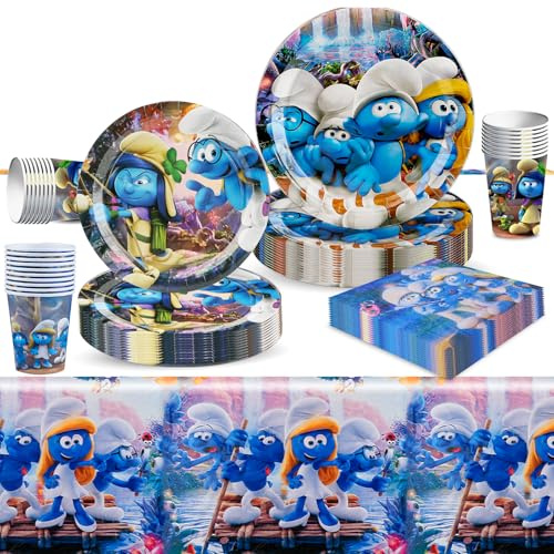 51 Stück Partygeschirr Set, Schlümpfe Geburtstagsdeko Kindergeburtstag Deko Party Supplies mit Pappteller, Tasse, Tischdecke, Servietten, Schlümpfe Party Dekoration für 10 Gäste