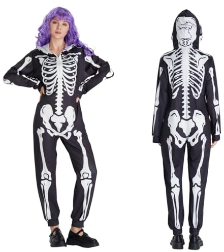 SAEWTINOR 2 Pièces Déguisement Squelette Femme Combinaison Pyjama Halloween Adulte avec Perruque Violette Outfit de Cosplay Carnaval et Pyjama de Dormir