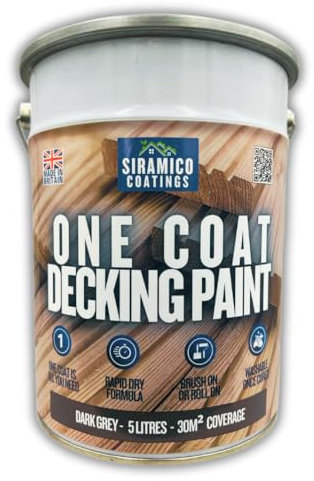 SIRAMICO COATINGS One Coat Anti-Slip Decking Paint | 5 litres | 7 Luxury Colours I Mould & UV Resistant Formula | White - Grey - Sage Green - Black - Brick Red (Dark Grey)