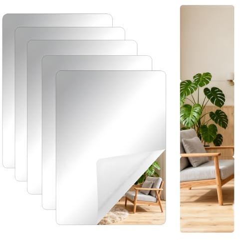 NZNSML 5 Pcs Stick on Mirror 29.7x21cm Adhesive Acrylic Mirror Rectangular | Mirror Stick on Wall 2mm Thick Acrylic Mirrors Tiles Self Adhesive for Wardrobe Doors Wall Bathroom Bedroom Living Room