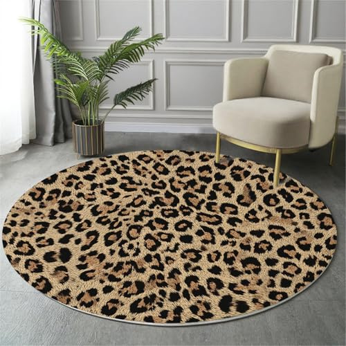 GDJSMIN Teppich Rund 80Cm Weich Und Flauschig Teppich Gegend Kreis rutschfest Waschbar Leopardenmuster Bodenteppich Wohnzimmer Schlafzimmer(Braun)