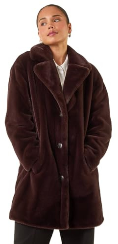 Roman Originals Women Faux Fur Coat - Ladies Jackets Teddy Bear Plush Casual Soft Fluffy Textured Oversized Warm Cosy Autumn Winter Flattering - Petite Chocolate - Size 16