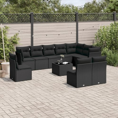 Qnhdfrt Garten Sofa Garnitur 11 teilig Schwarz PE Rattan Lounge Set mit Stauraum und Kissen für Garten Terrasse Balkon