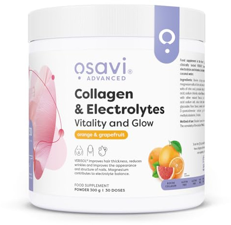 Osavi Collagen & Electrolytes Vitality & Glow – 300 g | Orange - Grapefruit Flavour | VERISOL® Collagen peptides for Hair, Skin & Nails | 5 Electrolytes + Vitamins | Hyaluronic Acid, Coconut Water