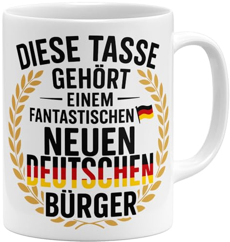 OM3® Einbürgerung Geschenk Kaffee-Tasse Diese Tasse gehört einem fantastischen neuen deutschen Bürger - Keramik Becher - 325ml - Beidseitig Bedruckt - Weiss
