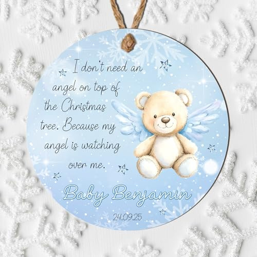 Personalised Angel Baby Christmas Tree Ornament - Bear with Wings Angel Quote Hanging Bauble - Custom Name & Date Keepsake Tree Decoration (Blue, MDF Wood - Indoor Use Only)