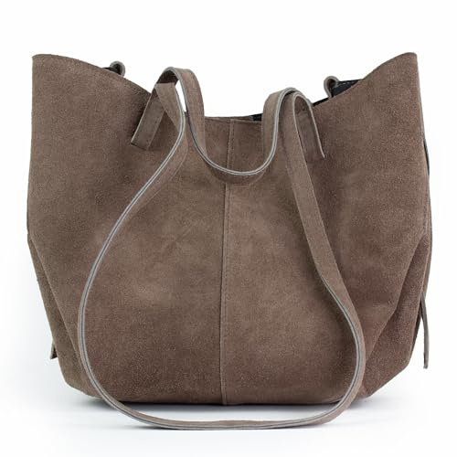 lePelou Wildleder Handtasche, Wildleder Umhängetasche mit verstellbarem Schultergurt, Schultertasche trapezförmig, (Taupe)