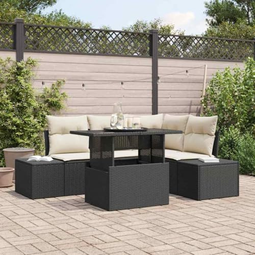 Owoxanthellate Gartensofa Set 5-teilig Schwarz Creme Poly-Rattan Eckbank mit höhenverstellbarem Tisch Modernes Design Robust und Langlebig für Balkon Terrasse und kleine Sitzecke