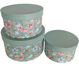 3er-Set Geschenkboxen - PapeRoom - aus stabilem Karton – rund – grün mit Blumenmuster