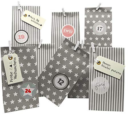 Frau WUNDERVoll® DIY Adventskalender zum Befüllen Weihnachtszeit, Blockbodenbeutel 12(L) x7(B) x24(H) cm grau Sterne und Streifen, Ziffern pastell/Weihnachten, Papiertüten, Kinder, Aufkleber