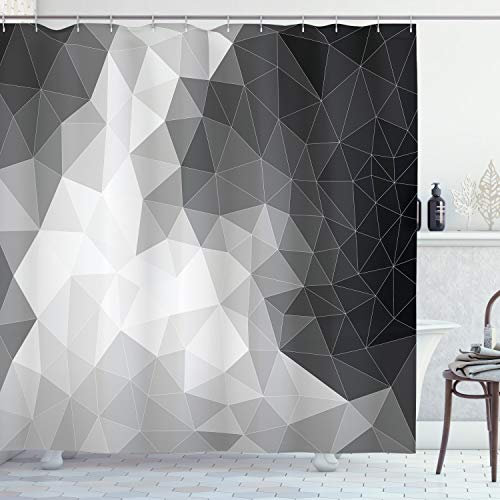 ABAKUHAUS Schwarz und Grau Duschvorhang, Polygon Dreieck, Stoffliches Gewebe Badezimmerdekorationsset mit Haken, 175 x 180 cm, Schwarz Pale Grau