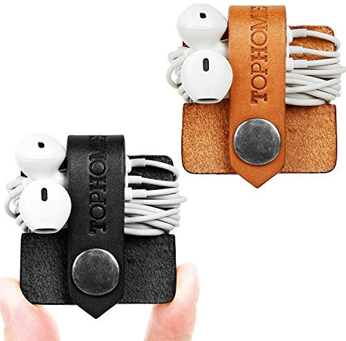 TOPHOME Kabel-Organizer, Ohrhörer-Halter, Kopfhörer-Aufwickler, Aufbewahrung, Headset, echtes Leder, Kabel-Organizer (schwarz + orange, 2 Stück)