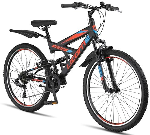 Licorne Bike Strong V Premium Mountainbike in 26 Zoll - Fahrrad für Jungen, Mädchen, Damen und Herren - Shimano 21 Gang-Schaltung - Vollfederung - Schwarz/Blau/Orange