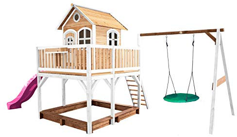AXI Spielhaus Liam mit Sandkasten, Nestschaukel & lila Rutsche | Stelzenhaus XXL in Braun & Weiß aus FSC Holz für Kinder | Spielturm mit Wellenrutsche & Schaukel für den Garten