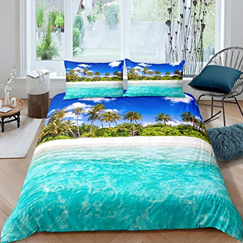 Strand Ozean Bettwäsche Set Palme Drucken Betten Set für Kinder Frauen Männer Tropische Palmblätter Bettbezug Set 135x200cm Teal Hawaiian Meer Drucken Raumdekoration 2St